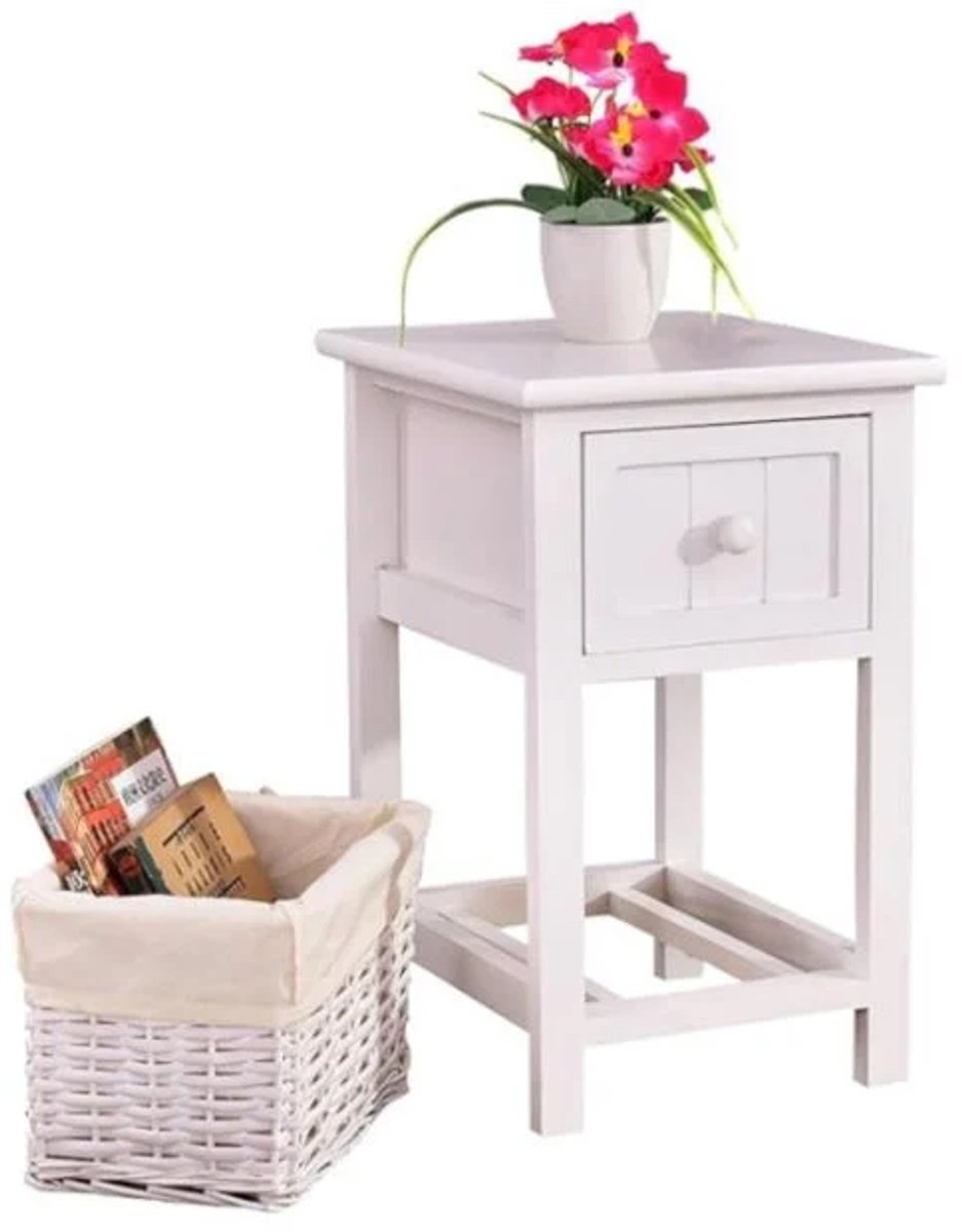 Image of 2-laags Houten Nachtkastje met Lade en Mand – Stijlvol & Modern Design voor Slaapkamer en Woonkamer (Wit)