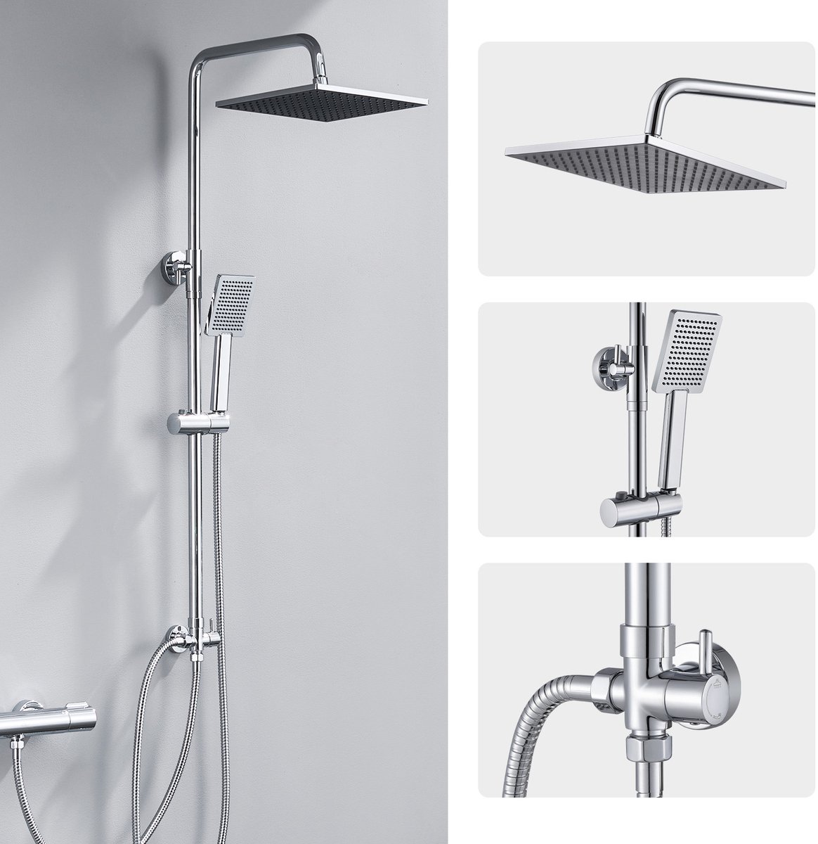 DERW Max Doucheset - Regendouche Ø 25,4 cm - Handdouche Ø 8.5 cm - Verstelbare Hoogte 74-109 cm - Duurzame Messing Omsteller - Chroom