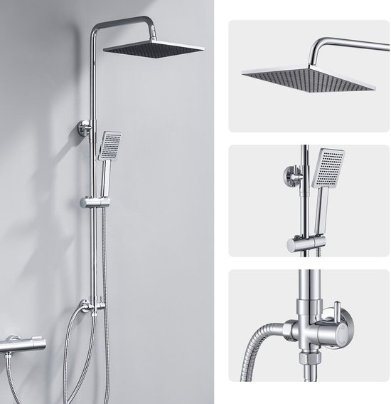 Ensemble de douche DERW Max - Douche à effet pluie Ø 25,4 cm - Douchette à main Ø 8,5 cm - Chrome