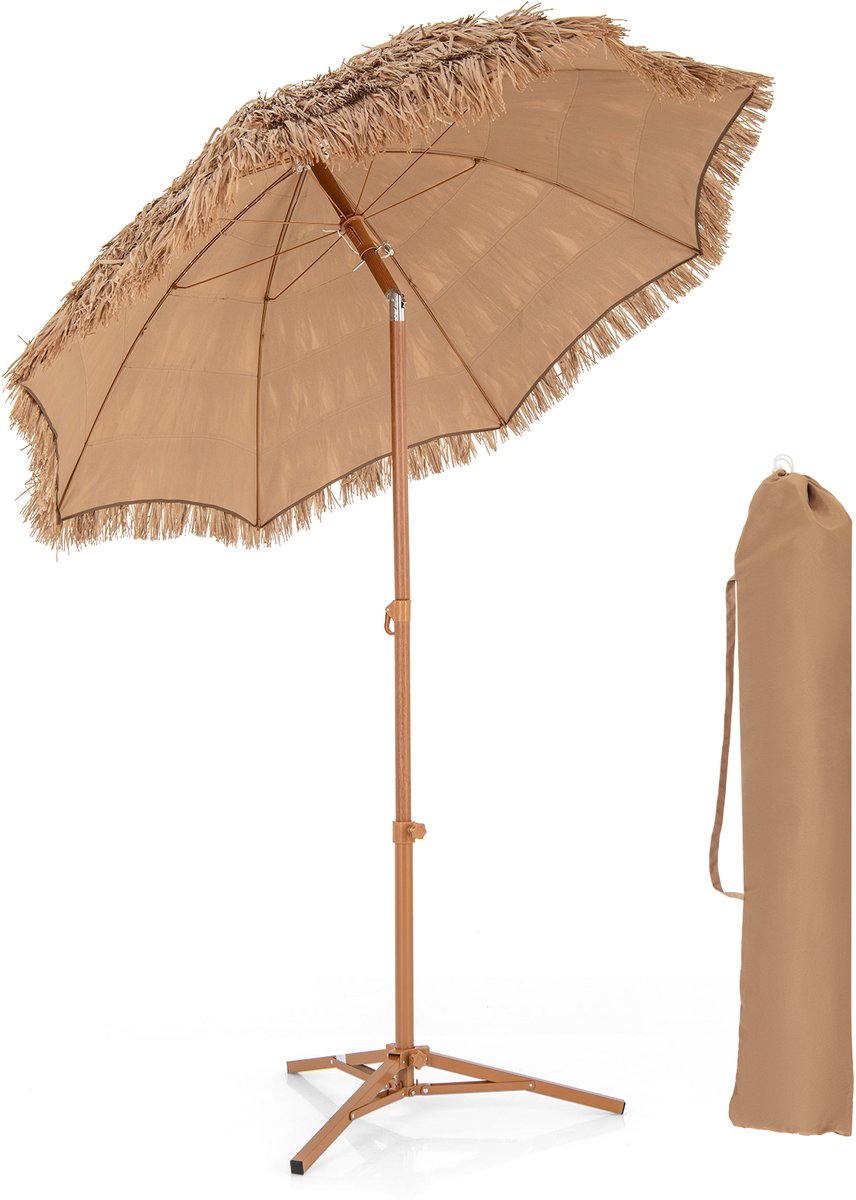COSTWAY Hawaï Parasol met inklapbare standaard, kantelbaar, tuinparasol, marktparasol, terrasparasol met draagtas, voor tuin, strand, zwembad, naturel, 175 x 175 x 218 cm