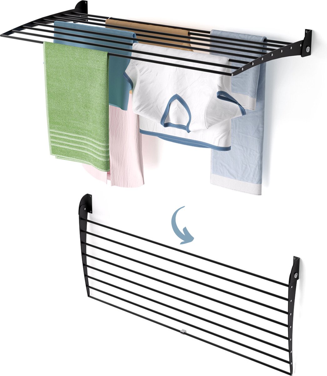 Foxydry Fold 116 cm DOWN - black - wasdroogrek wandmontage clicksysteem - neerwaartse sluiting - 116 x 50 x 10 cm