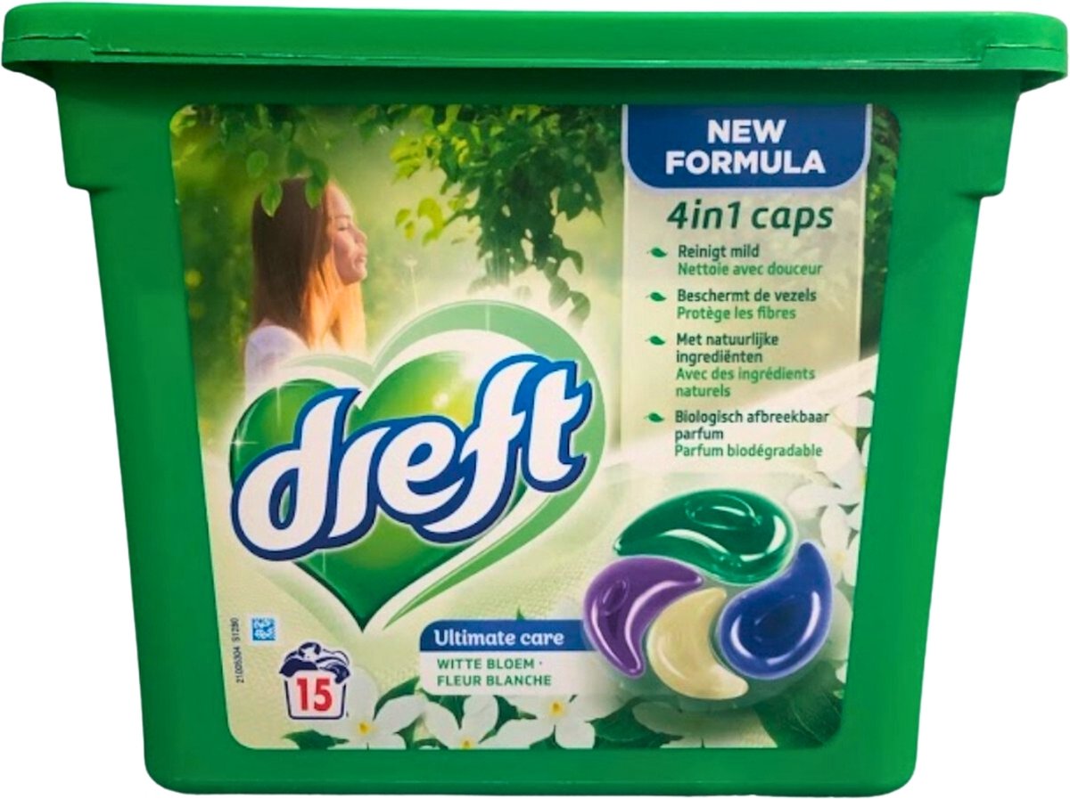 Goedkoopste Dreft - Nieuwe formule - Wasmiddelcapsules 4in1 - Witte en Gekleurde Was - Witte Bloem - 15 Wasbeurten