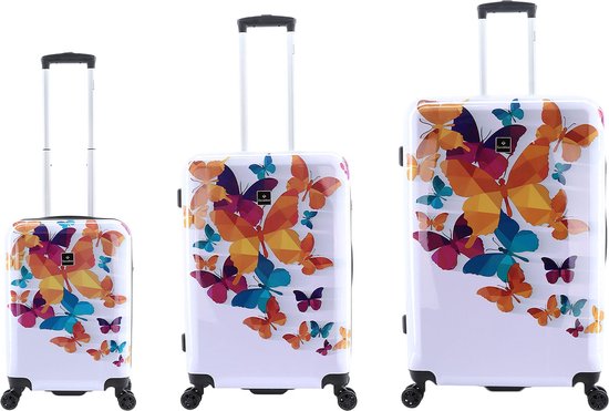 Saxoline Harde Kofferset 3-Delig / Reiskofferset / Trolleyset - Butterfly Fun Print - Bedrukt / Set