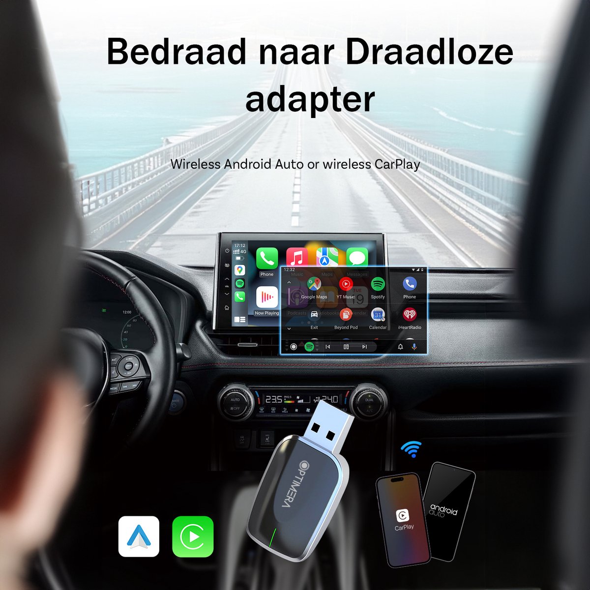 OPTIMERA 2-in-1 Draadloze CarPlay Dongle MINI – Apple CarPlay & Android Auto Adapter USB-C, Plug & Play - Afbeelding 4