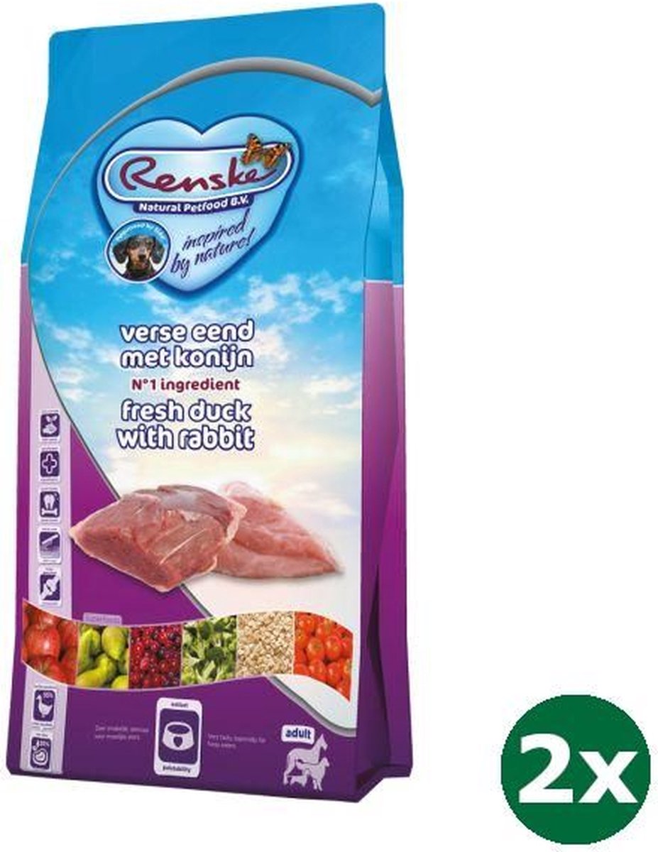 2x6,5 kg Renske super premium adult eend / konijn hondenvoer