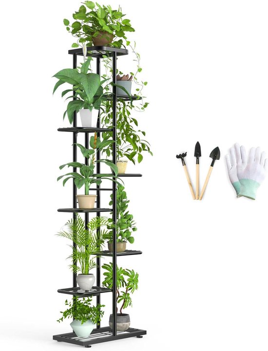 MAIJIAJU Bloemenstandaard met 6 etages, met tuingereedschap en handschoenen, 108 cm hoog, metalen plantenstandaard, binnen en buiten, meerlaags bloemenrek, plantentrap, hoekrek, staand voor tuin