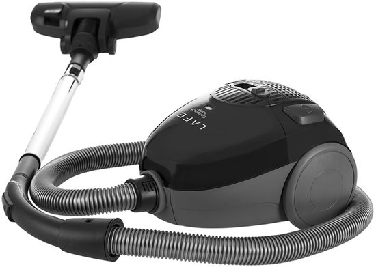 Zwarte Lafe Compact S stofzuiger met grijze wielen, slang en telescopische steel.