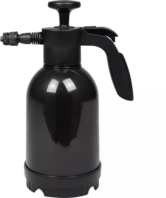 Zwarte handmatige schuimsproeier met glanzende tank, op de witte achtergrond.