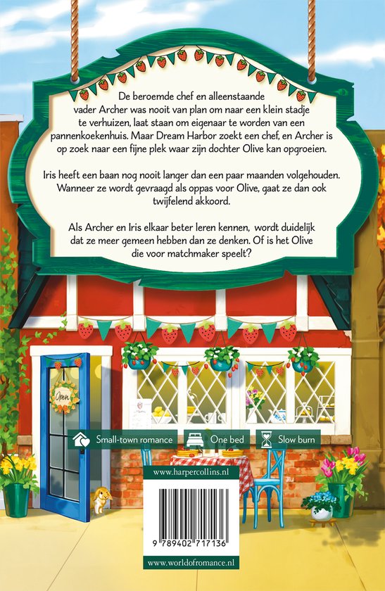 Dos du livre "Het Strawberry Patch Pannenkoekenhuis" avec description, crêperie et ISBN. Thèmes : Romance de petite ville, un lit, slow burn.