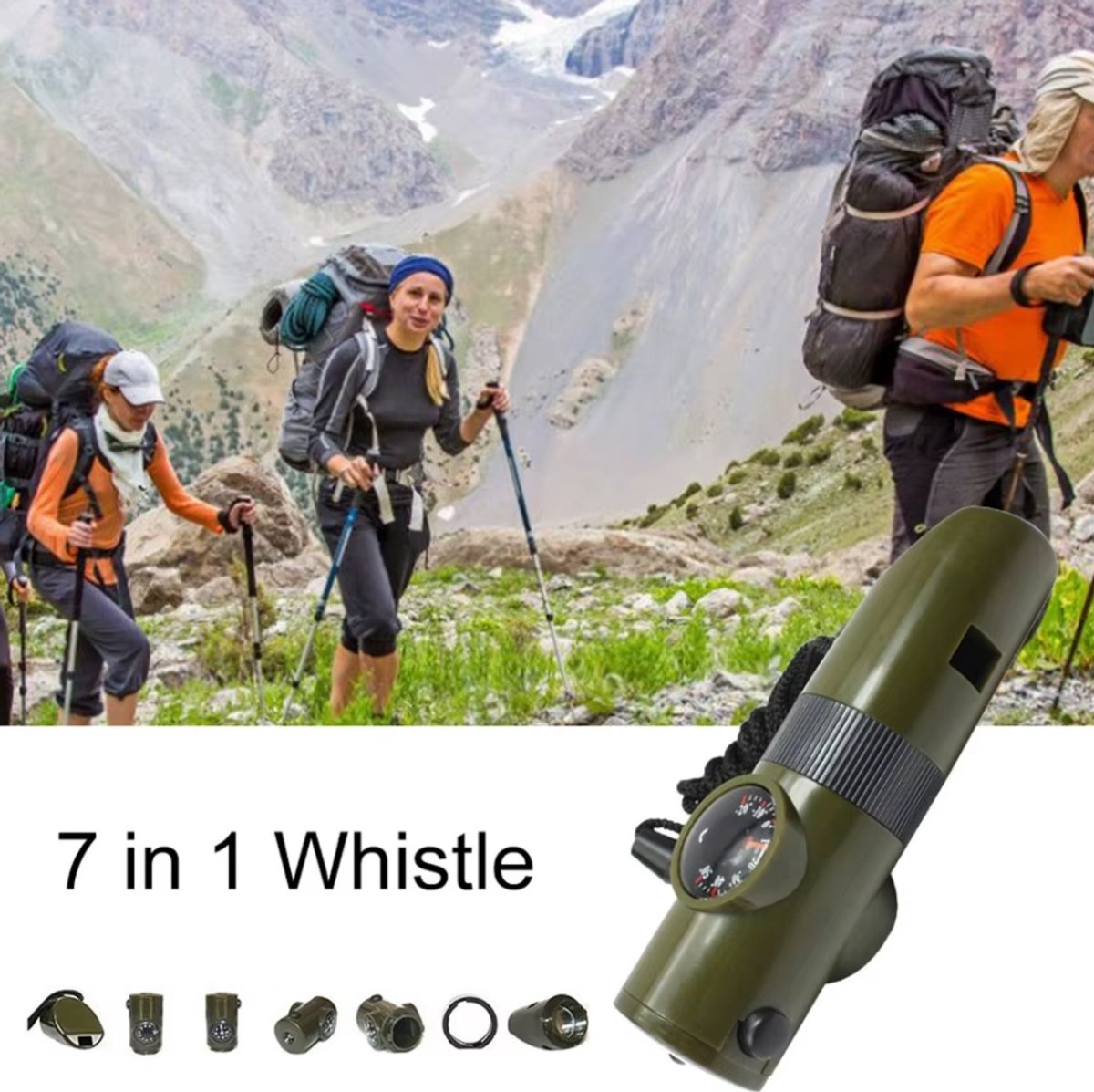Noodfluitje 7-in-1 Camping Veiligheid Fluitje met Kompas Thermometer