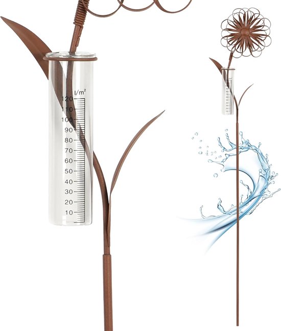 JUJOYBD Regenmeter voor Tuin Decoratieve neerslagmeter met grondpen, regentuinmeter glas op tuinsteker, welkomsbord & kabouter motief, H100cm