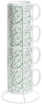 Secret de Gourmet Tasses à Café Botanic - vert clair - 4x pièces dans un support - Céramique - finition brillante - 240 ml - 7 x 8 cm