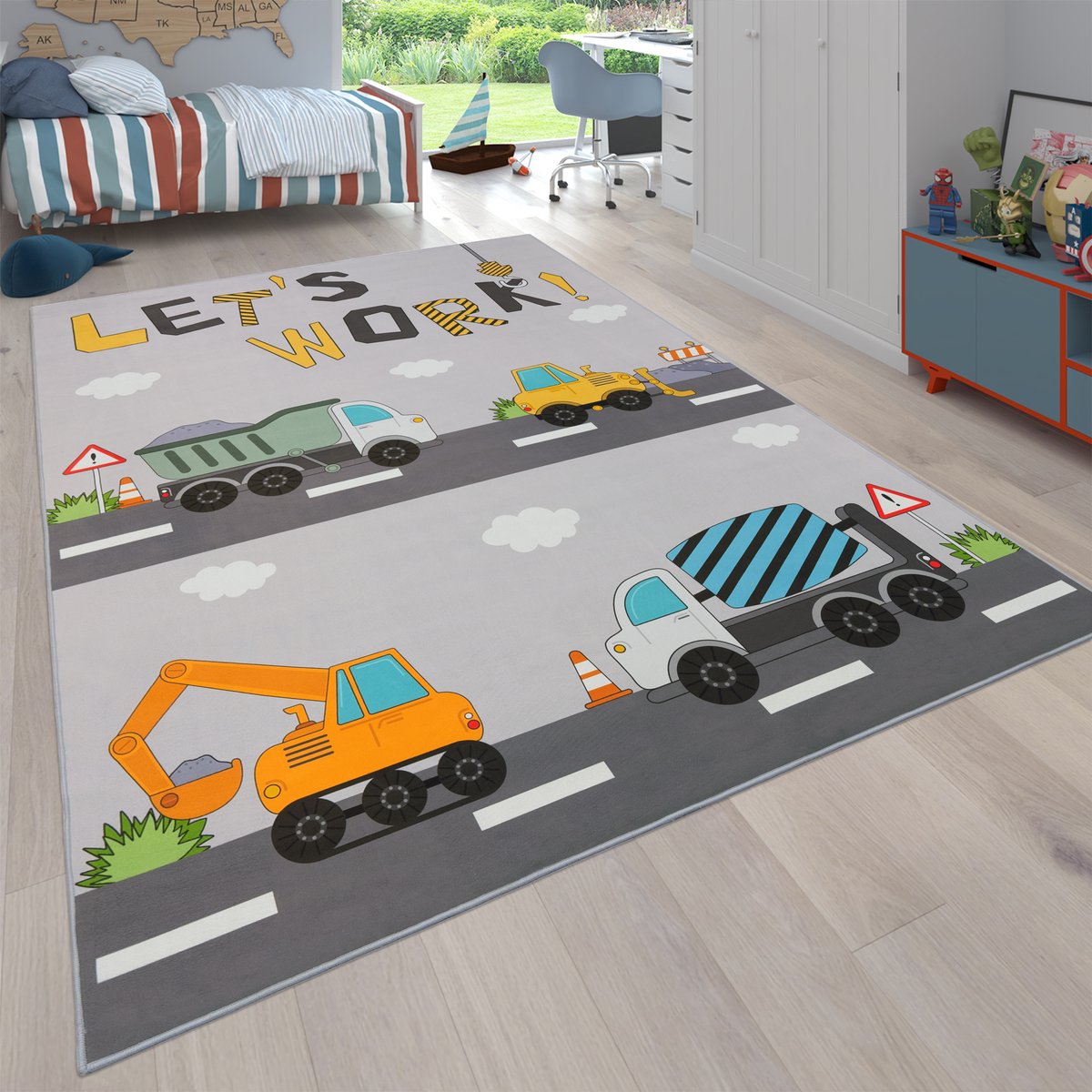 Flycarpets Kindervloerkleed - Binola - Bulldozer- Grijs