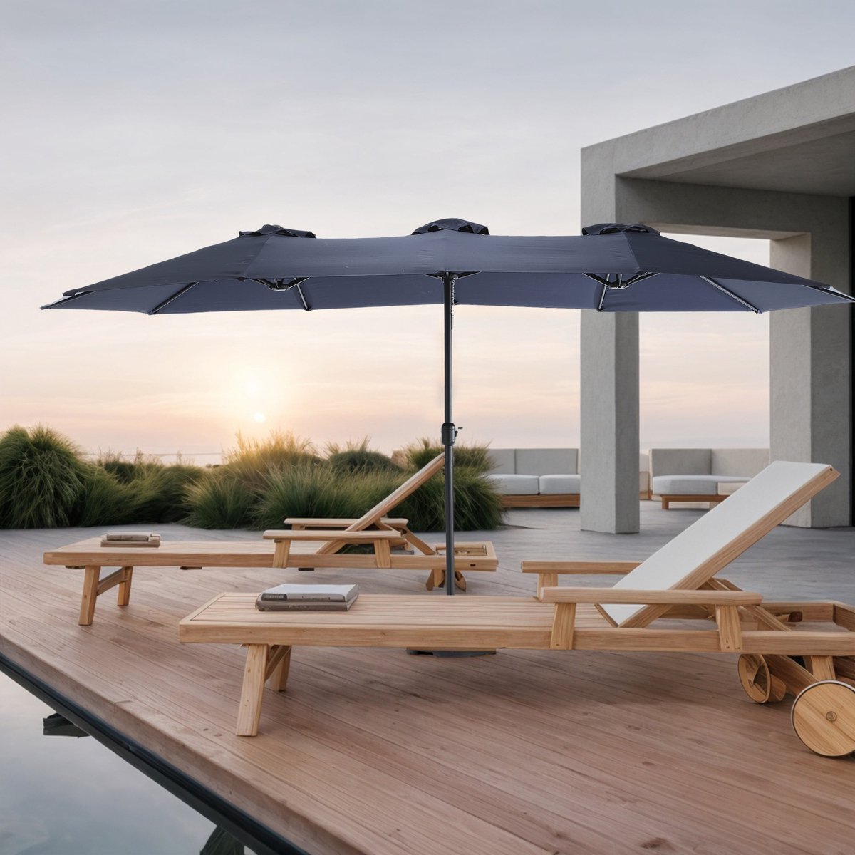 Sweiko Parasol - 14.8ft - Rechthoekig - Dubbelzijdig - Met Zwengel - Zonder basis - Blauwgrijs