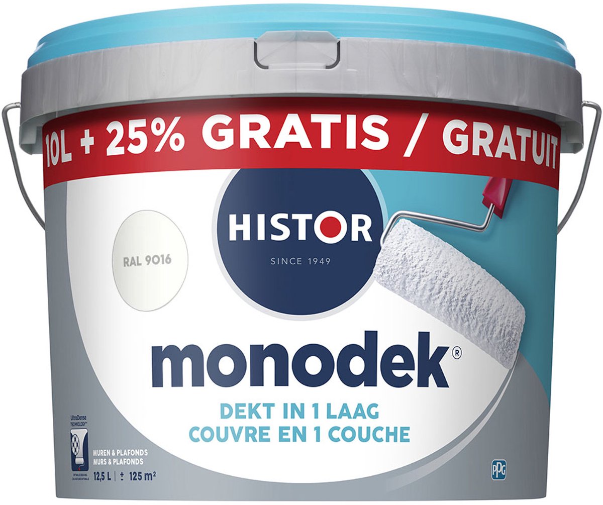 Histor Monodek Muurverf - 10 Liter + 25% extra RAL9016 - Extra dekkend - Sneldrogend - Hoge kwaliteit