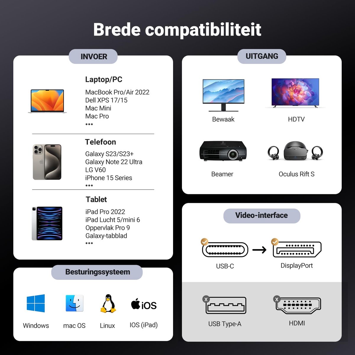 ACT USB-C naar DisplayPort kabel 1,8m 4K@60Hz - PC-score