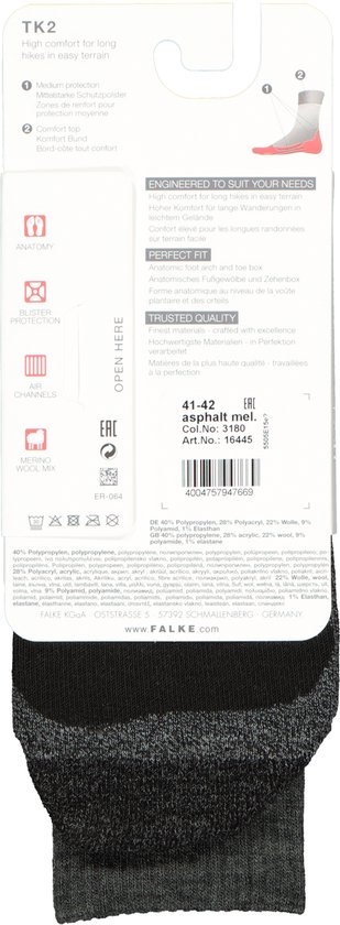 Chaussettes de randonnée femme FALKE TK2 - Gris - Taille 39/40