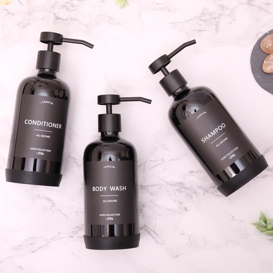 Shampoodispenser - navulbare shampoo- en conditionerflessen (transparant, set van 3, 21 oz) - moderne shampooflessen voor douchezeep - lege shampoo- conditioner douchegel dispenser set - voor badkamer