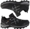 Paar zwarte wandelschoenen met grijze accenten en veters, gezien van bovenaf en opzij.