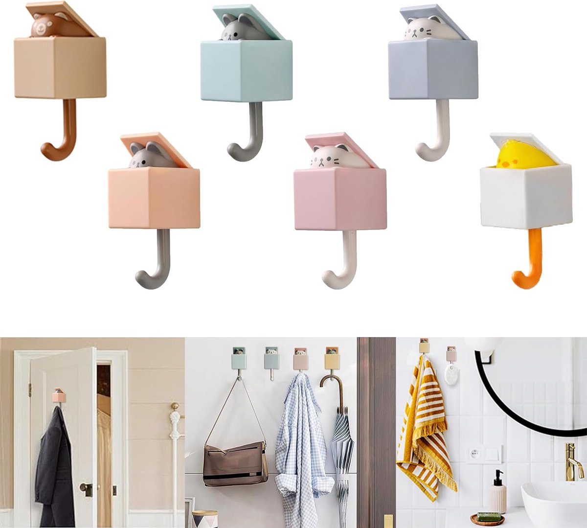 6 stuks schattige zelfklevende haken - handdoekhaakjes - voor het ophangen van zware wandh