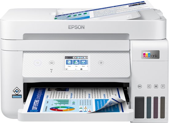 Witte Epson EcoTank-printer met gesloten klep, documenten in de invoerlade. De inktcontainers zijn zichtbaar aan de rechterkant.