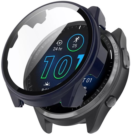 Strap-it Bescherm Hoesje met Glasplaat – Geschikt voor Garmin Forerunner 965 – Donkerblauw – Case met Screen Protector