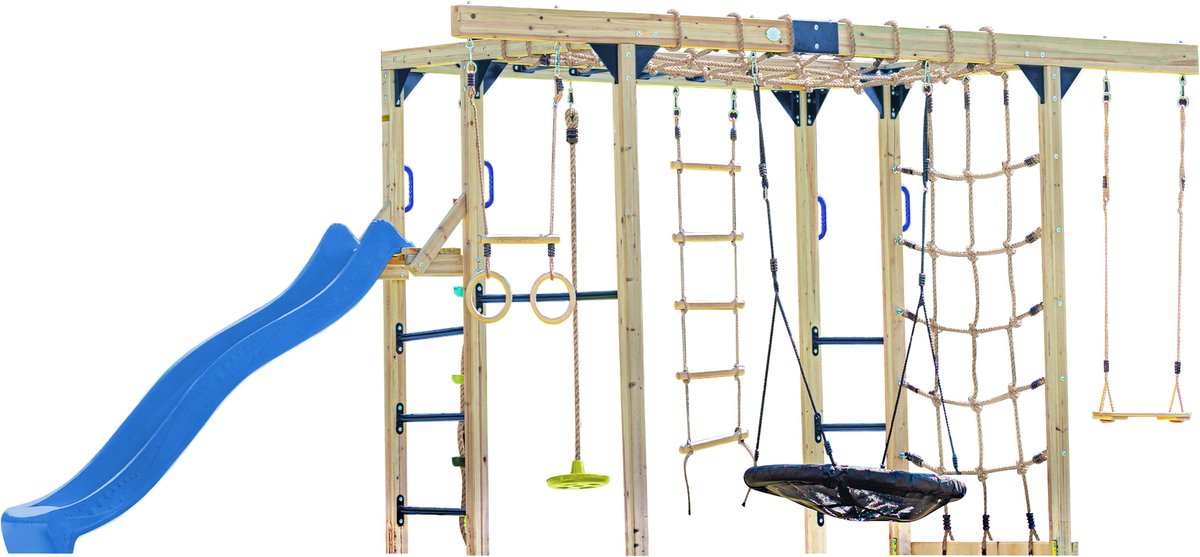 AXI Boris Klimtoestel Bruin met Schommels en Trapeze – Blauwe Glijbaan – Monkey Bars en Klimnetten – Duikelstang – Diverse Ladders