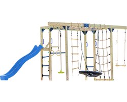 AXI Boris Klimtoestel Bruin met Schommels en Trapeze – Blauwe Glijbaan – Monkey Bars en Klimnetten – Duikelstang – Diverse Ladders