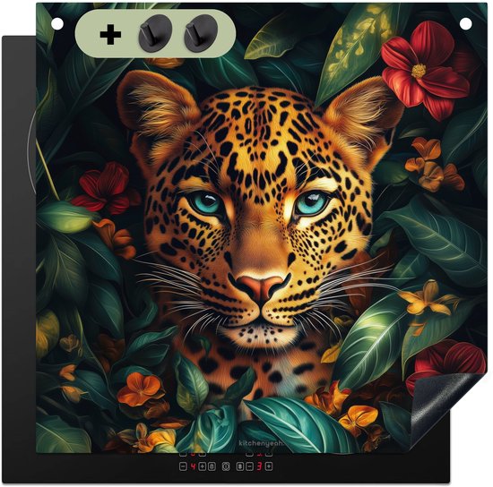 KitchenYeah® Inductie beschermer 58x59 cm - Luipaard - Natuur - Bloemen - Jungle - Kookplaataccessoires - Afdekplaat voor kookplaat & Spatscherm achterwand - Inductiebeschermer - Inductiemat - Inductieplaat mat - Keuken decoratie