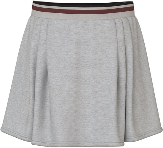 Lichtgrijze rok met elastische tailleband met rode, zwarte en witte strepen.