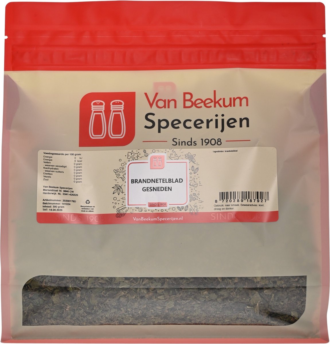 Goedkoopste Van Beekum Specerijen - Brandnetelblad Gesneden - 300 Gram (hersluitbare stazak