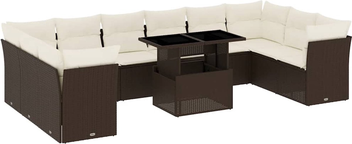 The Living Store 11-delige Loungeset met kussens poly rattan bruin - Loungeset - Tuinmeubels - Lounge Set - Buitendecoratie - Outdoor Furniture