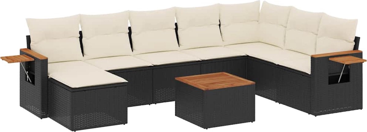 Zwarte poly rattan loungeset met kussens voor tuinlounge en buitendiner.
