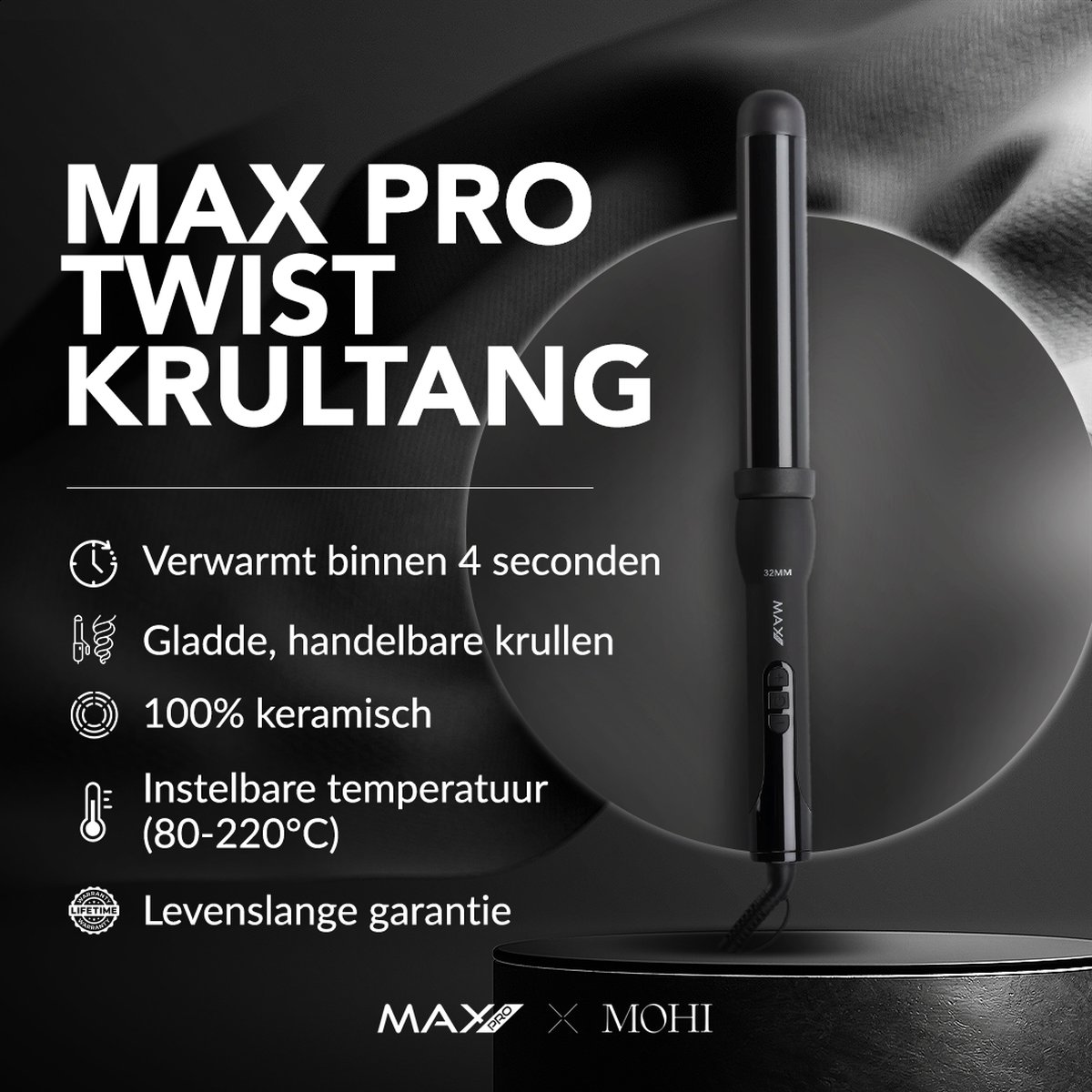 Max Pro Twist 32mm Krultang - Voor Kort en Lang Haar - Curling wand - Zonder Klem - Curler - Beach Waves - Golvend Haar - Met Handschoen - Krultangen thumbnail 8