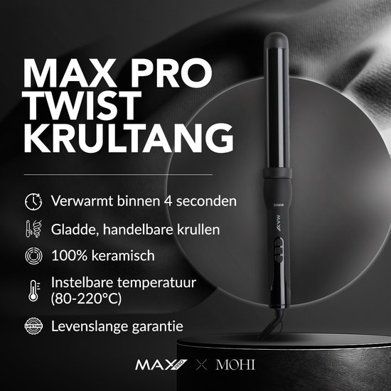 Max Pro Twist krultang 32mm, zwart, 100% keramisch, verwarmt binnen 4 seconden.