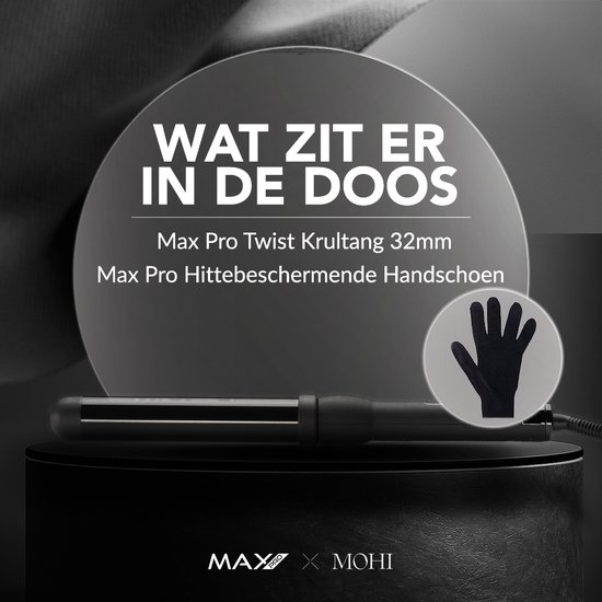Zwarte Max Pro krultang van 32mm en een zwarte hittebestendige handschoen. Tekst: 'Wat zit er in de doos' en productnamen.