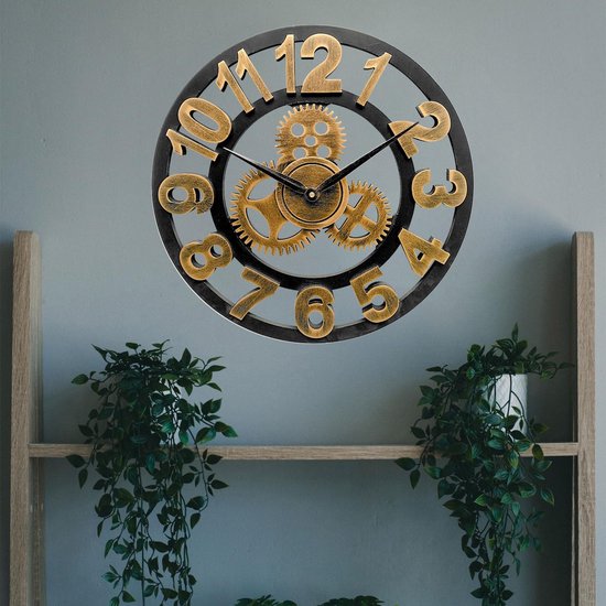 ALEENFOON Klok, stille wandklokken, 3D Gear Vintage Industriële Stille, niet -tikkende Arabische cijfers, hangende klok voor woonkamer, keuken, zonder tikkende geluiden, binnenklok (50 cm, Arabische