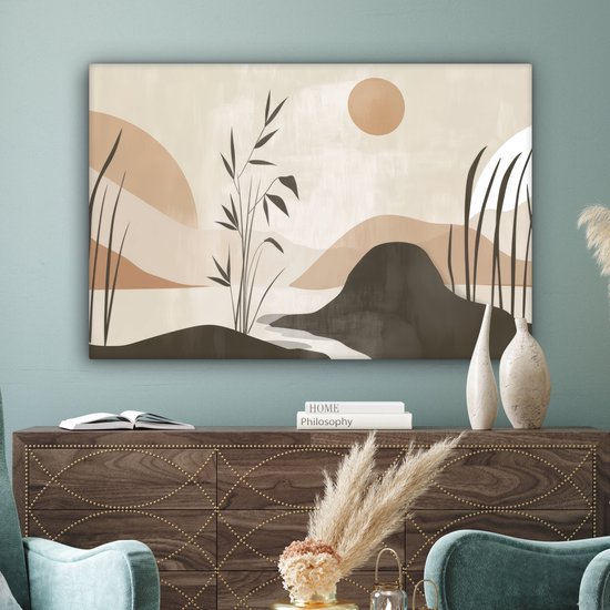MuchoWow© Canvas Schilderij 120x80 cm Kamer Decoratie Woonkamer Slaapkamer Room Decor Wanddecoratie Wall Art Painting Retro - Natuur - Zon - Water - Bomen - Bergen - Landschap