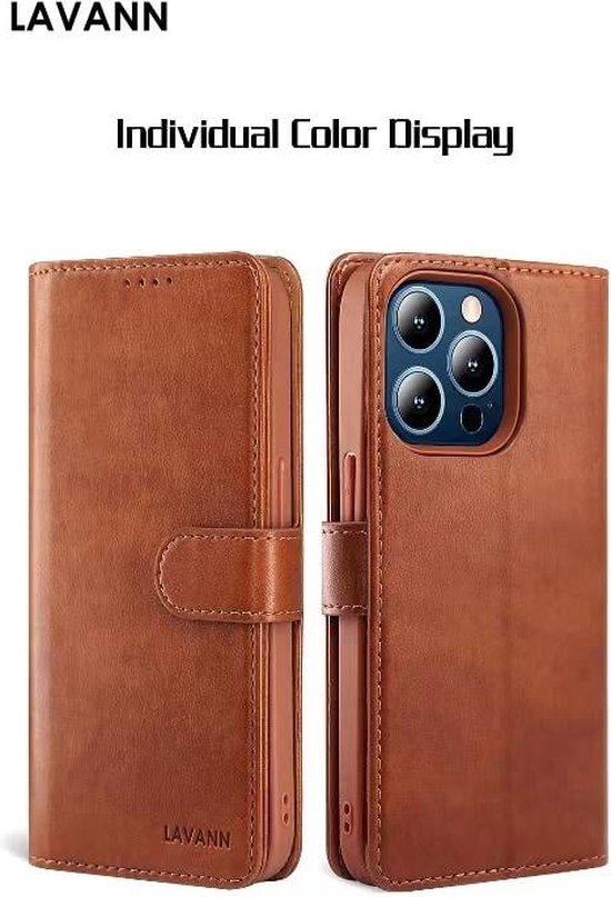 iPhone 14 Pro Max - Étui de téléphone en cuir de Luxe 2 en 1 - Élégant et multifonctionnel - Lavann - Bookcase magnétique 2 en 1 en cuir - Blauw