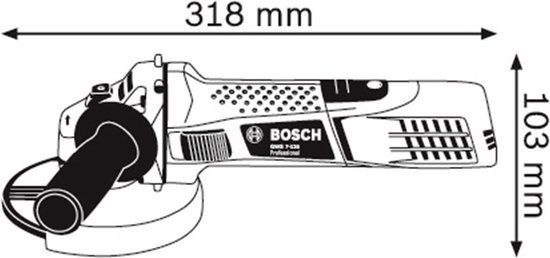 Grijze tekening van een blauwe en zilverkleurige haakse slijper met afmetingen 318 mm en 103 mm.