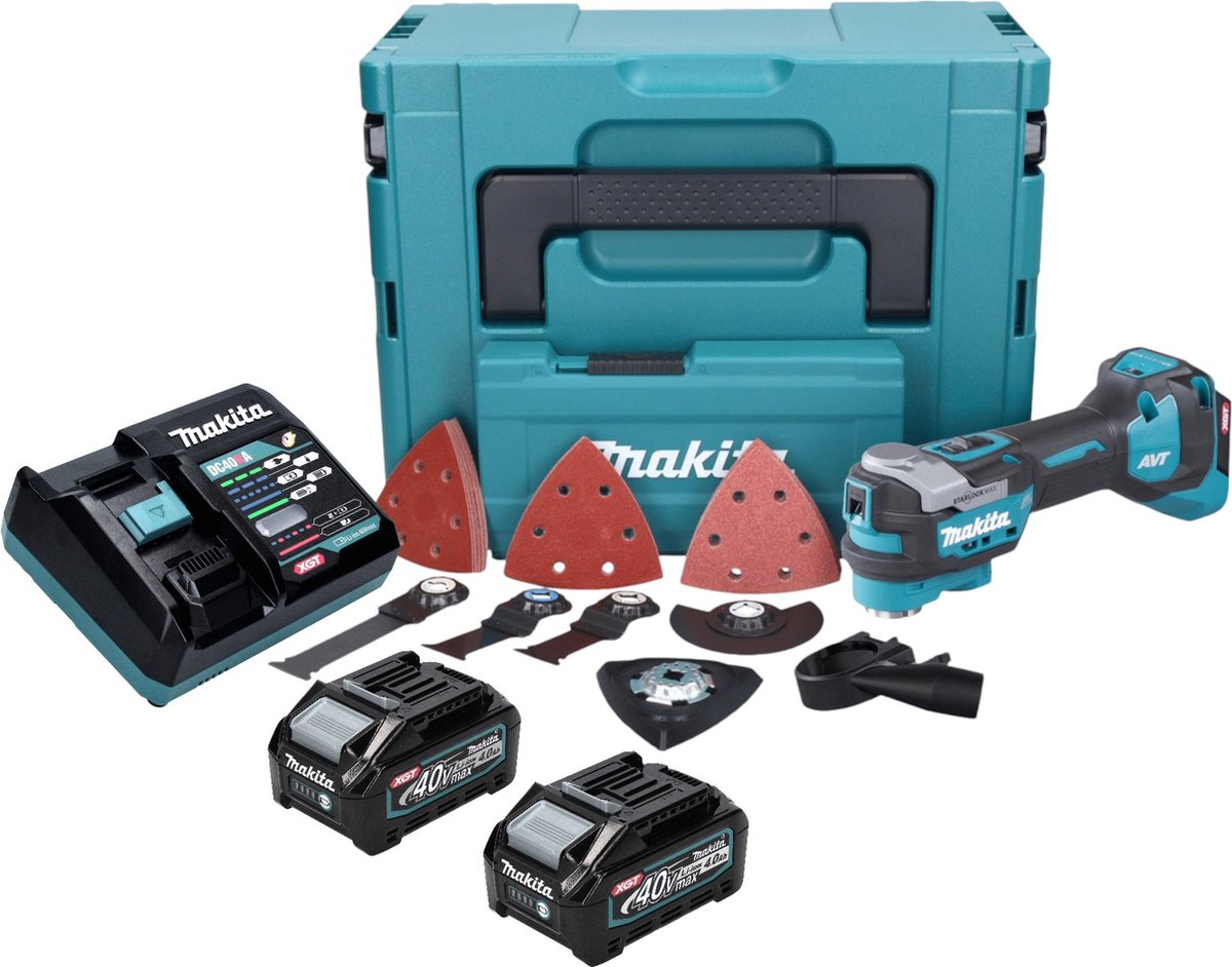 Makita TM 001 GM203 snoerloos multifunctioneel gereedschap 40 V max. Starlock Max Brushless + 2x accu 4.0 Ah + 37-delige accessoireset + lader + Makpac