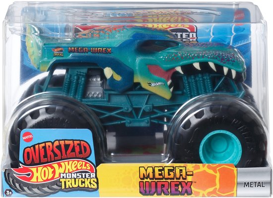 Verpakking van de MEGA-WREX monstertruck met de tekst 'Oversized Hot Wheels Monster Trucks'.