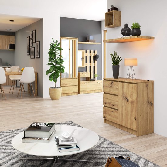 Dressoir met 3 lades en een deur, in artisan eikenlook, in een woonkameropstelling.
