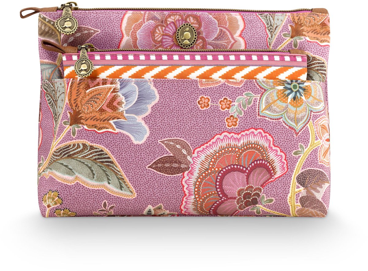 Pip Studio - Caryn Combi Make up tasje - Toilettas dames - Voor make-up - Matata Lila - 26x7.5x18cm/22x1x13cm