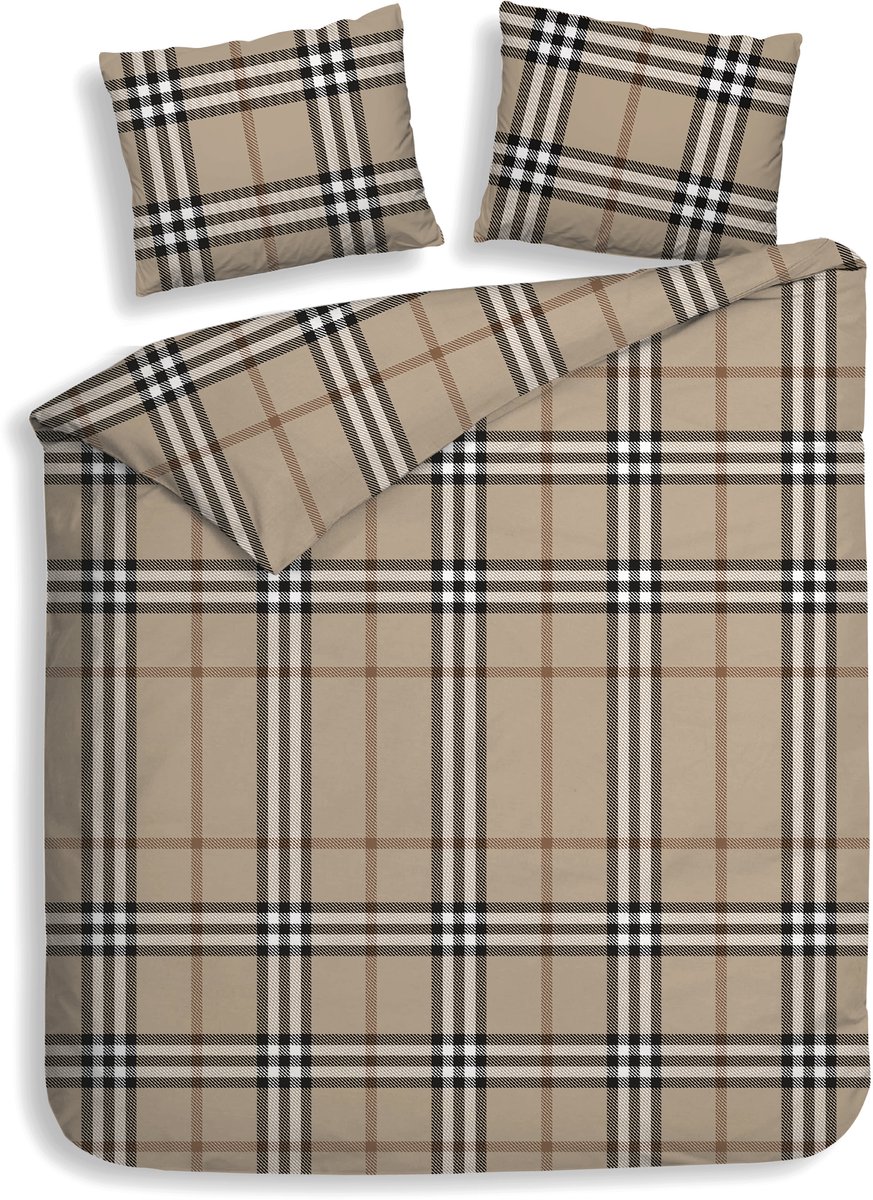 Heckettlane Dekbedovertrek Leonardo - Bedlinnen met Ruiten print - 260x220 cm - Beige - Dekbedhoes van 100% Katoen-Flanel