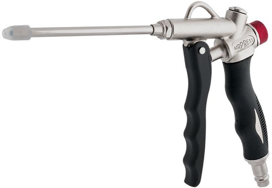 Luchtblaaspistool met verlengde zilverkleurige spuitmond, zwarte grip en rode regelknop.