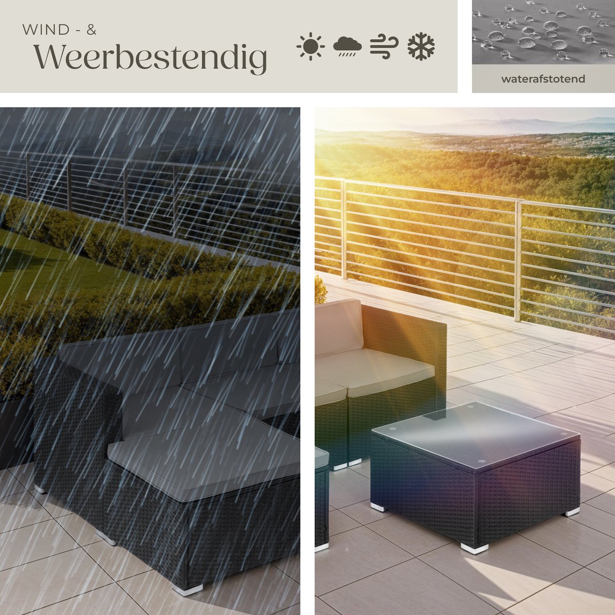 tectake® Wicker lounge - Tuinmeubelset voor buiten met bank, fauteuil, kruk en tafel - Variabel combineerbaar - Weerbestendig meubilair - Voor 3-4 personen - Balkonmeubilair - Tuinlounge - Terrasmeubilair - Zwart thumbnail 6