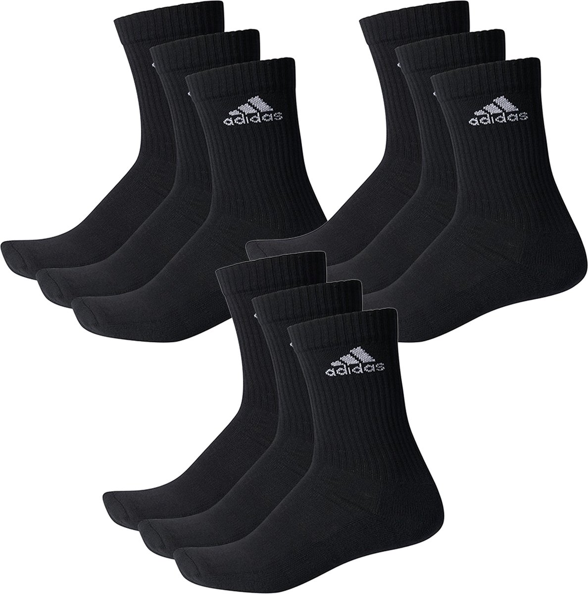 SOKKEN 9 PACK adidas CUSHIONED CREW tennissokken sportsokken dames heren unisex 9 paar Zwart