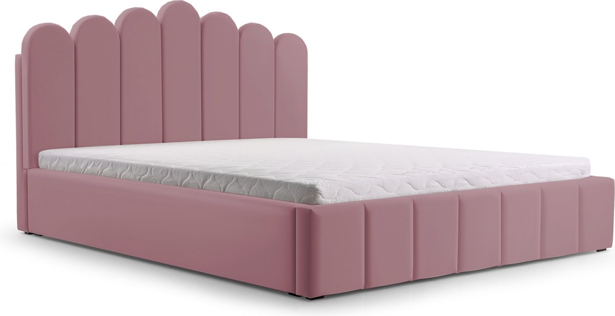 Tweepersoonsbed met fluwelen bekleding, met hoofdeinde, lattenbodem, bed voor volwassenen - BED 03 - 140x200 - Donkerroze (TRINITY 23)