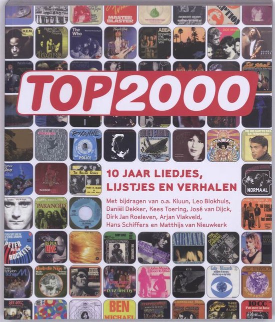 Boekomslag 'TOP 2000' met veel albumhoezen, 'TOP 2000' in grote rode letters.